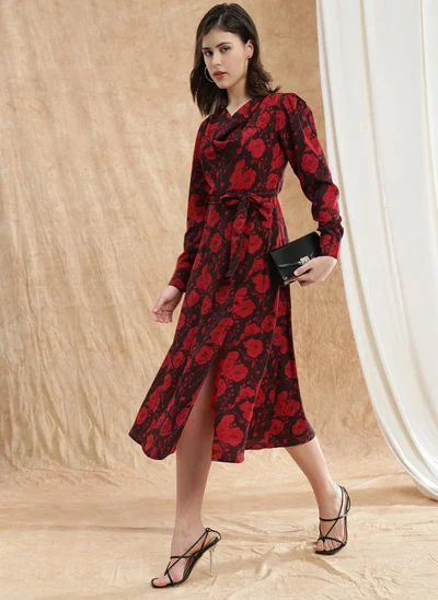 globus Globus Women Red Cowl Neck Cuffed Sleeves Floral Print Front Slit Midi A-Line Dress With Belt